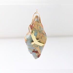 Handmade Brass Eagle Pendant Larimar Stone Gold Filled Wire Leather Cord Neckla